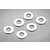 Six small silver-coloured metal washers arranged in a pattern on a light grey background.