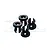 Four black plastic shock cap spacers for RC cars arranged on a white background.
