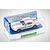 A 1/32 scale Scalextric Ford Mustang slot car in white with red and blue racing stripes, displayed in its original clear plastic packaging.
