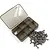 A set of titanium screws for the Tamiya Lunch Box RC car, displayed next to a small, empty, six-compartment translucent plastic storage box.