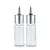 Two clear glass airbrush bottles with silver metal caps and pointed nozzles standing side by side.