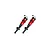 Two ARRMA red aluminium adjustable shock absorbers with black plastic components and rubber boots on a white background.