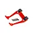 A red Traxxas Sledge wheelie bar assembly with two black wheels and a set of eight mounting screws on a white background.