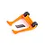 An orange Traxxas Sledge wheelie bar assembly with two black wheels and a set of eight black mounting screws on a white background.