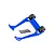 A blue Traxxas Sledge wheelie bar assembly with two black wheels and a set of mounting screws on a white background.