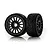 Two Jetko 1/8 scale Vertex ultra soft belted tyres mounted on black Radia rims, shown against a white background with reflections.
