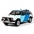 A Tamiya 1/10 scale RC Volkswagen Golf MK2 GTI rally car model with a blue and white livery, featuring rally lights and off-road tires.