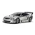 A silver Tamiya Mercedes-Benz CLK-AMG RC touring car model on a white background, showing the detailed body shell, wheels, and rear wing.