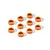 Ten small orange anodized aluminium shims arranged on a white background.