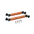 Two orange aluminium RC driveshafts with black universal joints and four small metal grub screws on a white background.