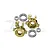 GPM Racing brass front steering hubs for RC cars, including two brass hubs and four steel ball bearings, set against a white background.