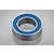 A single metal ball bearing with blue rubber seals on a light grey background.