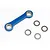 A blue anodized aluminium steering link with pre-installed bearings and three small metal washers on a white background.