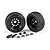Two black Traxxas utility trailer wheels with tires, two wheel nuts, two axles, and four ball bearings on a white background.