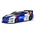 A pre-painted Protoform 1/8 scale 2021 Ford Mustang RC body shell in blue, white, and red livery with racing decals on a white background.