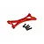 A red anodized aluminium X-mount chassis brace for an RC car, accompanied by a set of black hex-head screws on a white background.