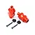 Two red anodized aluminium front wheel extensions for RC cars, with two black plastic caps and two metal bolts on a white background.