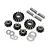 HPI Racing Savage XS differential gear set including bevel gears, shafts, and shims on a white background.