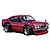 A digital illustration of a red Mazda Savanna RX-3 model car with black fender flares and gold wheels against a white background.