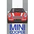 Front view illustration of a red Mini Cooper with white racing stripes on a grey background, featuring large blue text below.