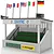 A Scalextric Classic Grandstand model with green seating, flags on top, and sponsor logos including Castrol and Dunlop.