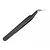 A pair of black bent-tip tweezers with a clear plastic protective cap on the tip, set against a plain white background.