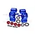 A set of blue anodized aluminium steering hubs for RC cars, including red washers, screws, and ball bearings on a white background.