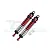 Two GPM Racing red and black aluminium adjustable RC shock absorbers with two small white plastic spacers on a white background.