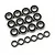 A collection of various sized metal ball bearings with black rubber seals arranged on a white background.