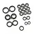 A collection of various sized metal ball bearings with black rubber seals arranged on a white background.