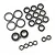 A collection of various sized rubber shielded ball bearings arranged on a white background.