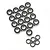 A collection of various sized metal ball bearings with black rubber seals arranged on a white background.
