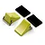 Two yellow alloy RC car tyre stoppers with metal loops and two rectangular black adhesive foam pads on a white background.