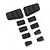 A set of small black scale RC car accessories including hood vents, door hinges, and bonnet hinges on a white background.