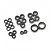 A collection of various sized metal ball bearings with black rubber seals arranged on a white background.