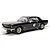 A 1/32 scale Scalextric Ford Mustang slot car in black with gold racing stripes and the number 47 on the side, displayed on a slot car track.
