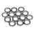 A collection of 14 identical metal ball bearings arranged on a white background.