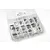 A clear plastic storage organizer box filled with various RC screws, nuts, and washers in individual small plastic bags.