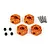 Four orange anodized aluminium 12mm wheel hexes with four steel pins and four black grub screws on a white background.