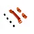 HPI Racing orange anodized aluminium front hinge pin brace set with four small black rubber bushings on a white background.