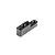 A black anodized aluminium battery backstop component for RC cars, featuring two small locating pins and two threaded holes.