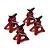 Four red and black scale model aluminium jack stands for RC cars arranged on a white background.