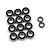 A collection of twelve metal ball bearings with black rubber seals arranged on a white background.