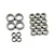 A collection of various sized metal shielded ball bearings arranged in groups on a white background.