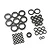 A collection of various sized rubber shielded ball bearings arranged on a white background.