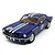 A 1/32 scale Scalextric Ford Mustang slot car in blue with white racing stripes and the number 4 on the hood and doors.