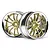 Two HPI Racing Work XSA 02C RC car rims featuring a gold multi-spoke center and a polished chrome outer lip, set against a white background.