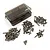 A collection of various titanium RC screws arranged in piles next to a small, translucent grey plastic storage box with the Yeah Racing logo.