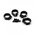 Four black aluminium suspension clamps and four small black screws arranged on a white background.