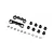 Losi black aluminium adjustable pivot set including two metal pivot blocks, eight plastic inserts, and eight small metal washers on a white background.